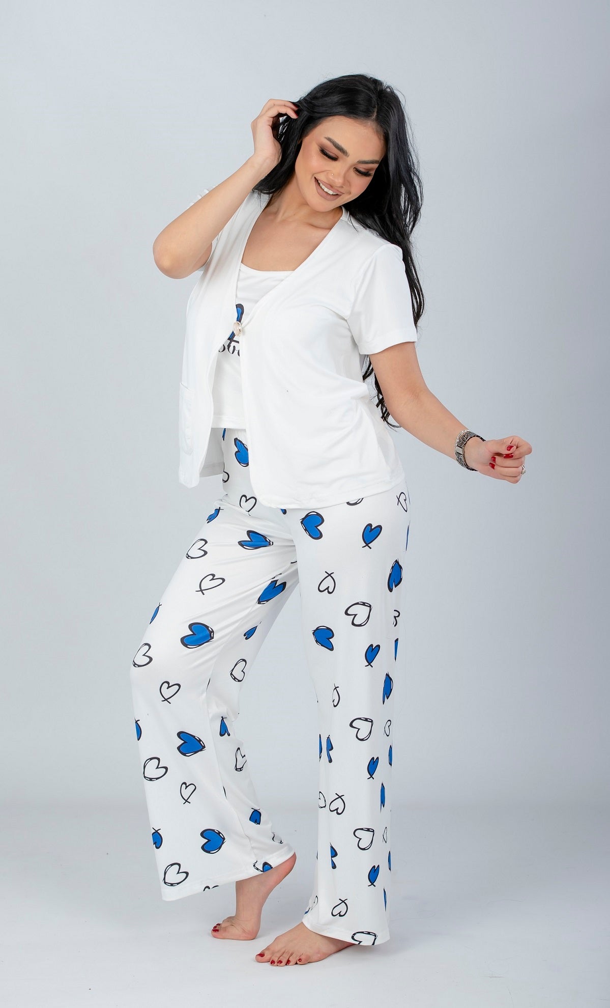 Blue 3 Pieces Heart Print Pajama Set