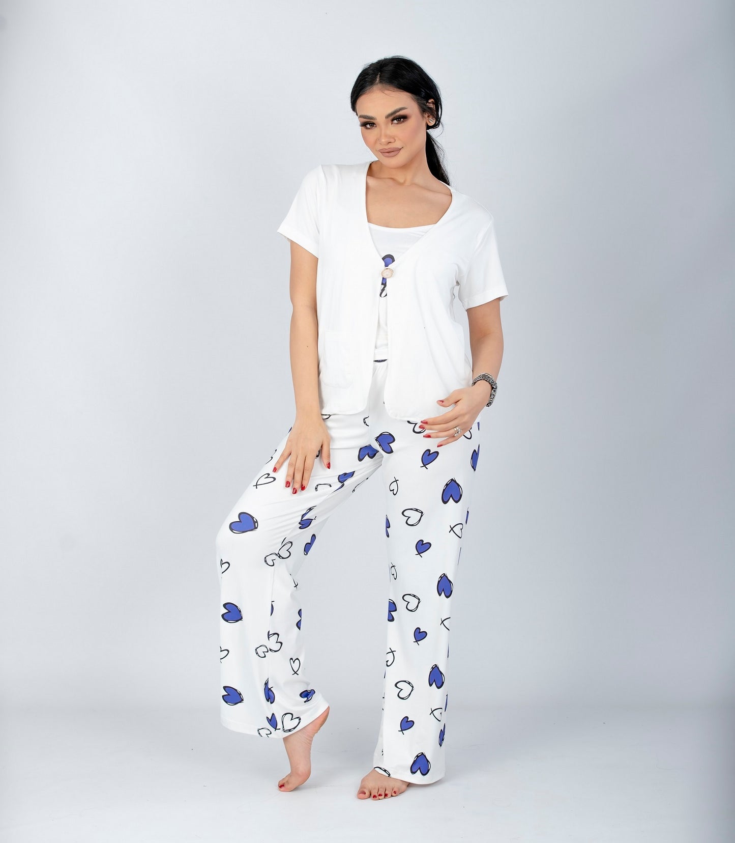 طقم بيجامة أرجواني بطبعة قلب مكون من 3 قطع