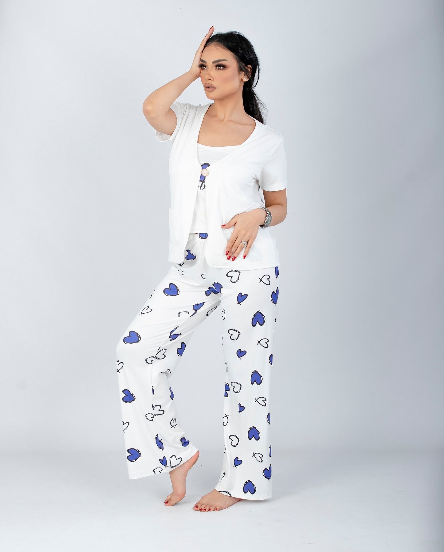 طقم بيجامة أرجواني بطبعة قلب مكون من 3 قطع