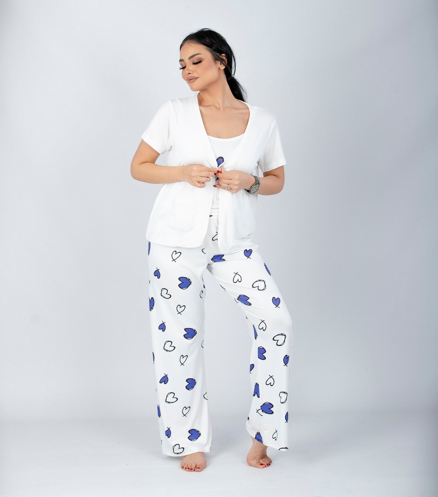 طقم بيجامة أرجواني بطبعة قلب مكون من 3 قطع