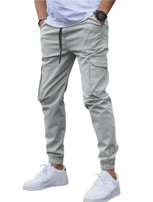 Gray Bengaline Cargo Pants with Drawstring