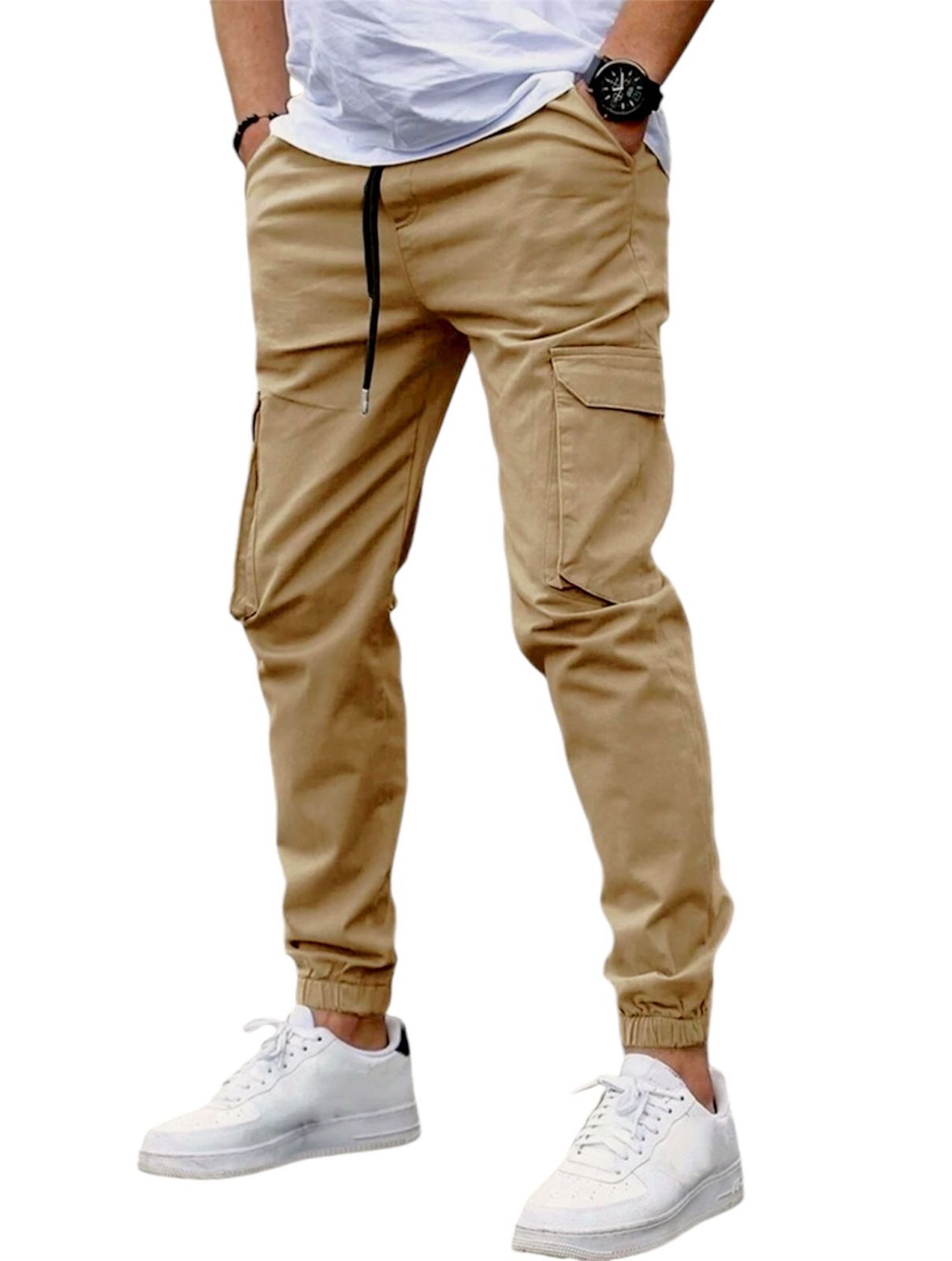 Khaki Bengaline Cargo Pants with Drawstring