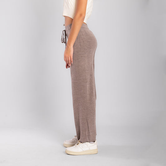 Coffee Wide Leg Knit Pants with Drawstring