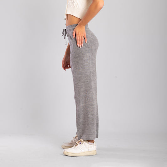 Gray Wide Leg Knit Pants with Drawstring