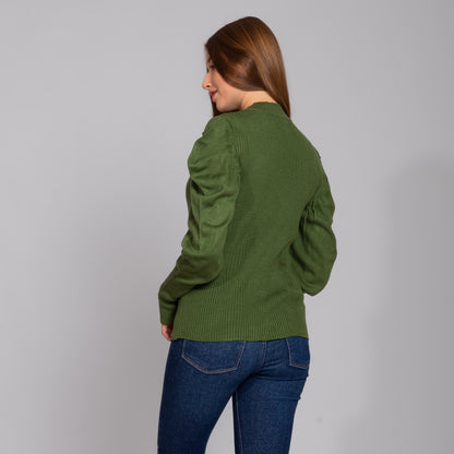 بلوفر زيتوني محبوك مضلع بأكمام منفوخة