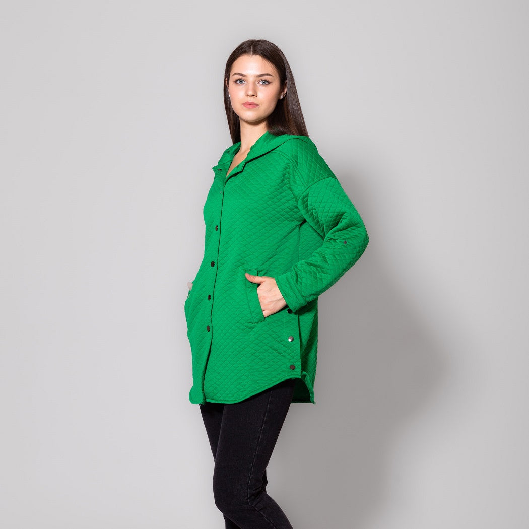 Green Press Buttons Capitone Hooded Jacket