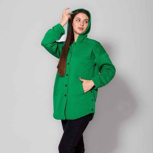 Green Press Buttons Capitone Hooded Jacket