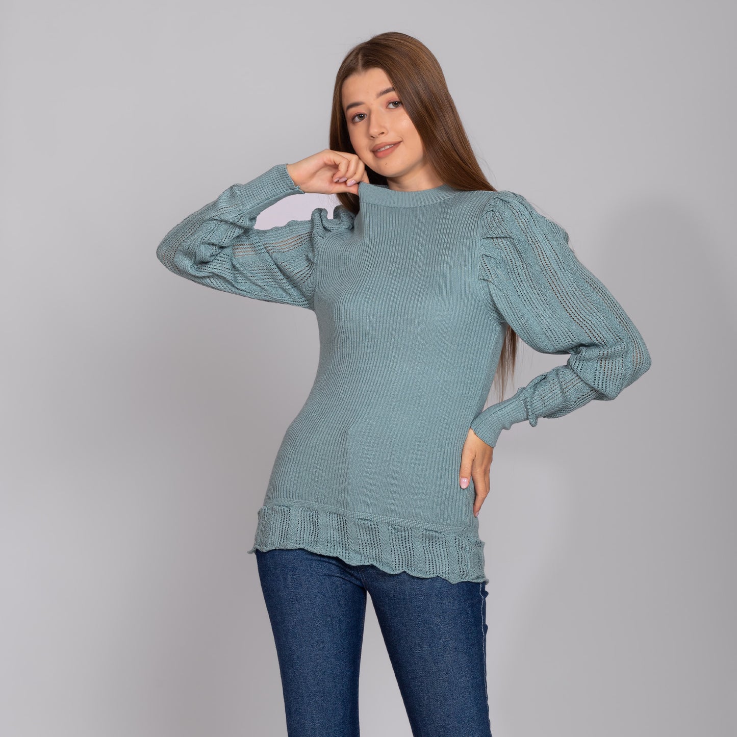 Mint Blue Puff Sleeves Knitted Pullover