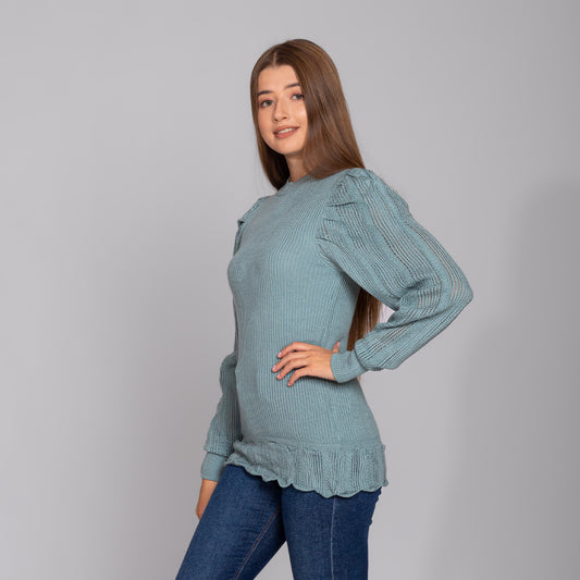 Mint Blue Puff Sleeves Knitted Pullover