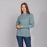 Mint Blue Knitted Ribbed Pullover With Puff Sleeves