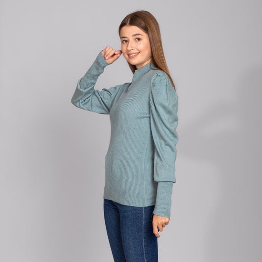 Mint Blue Knitted Ribbed Pullover With Puff Sleeves