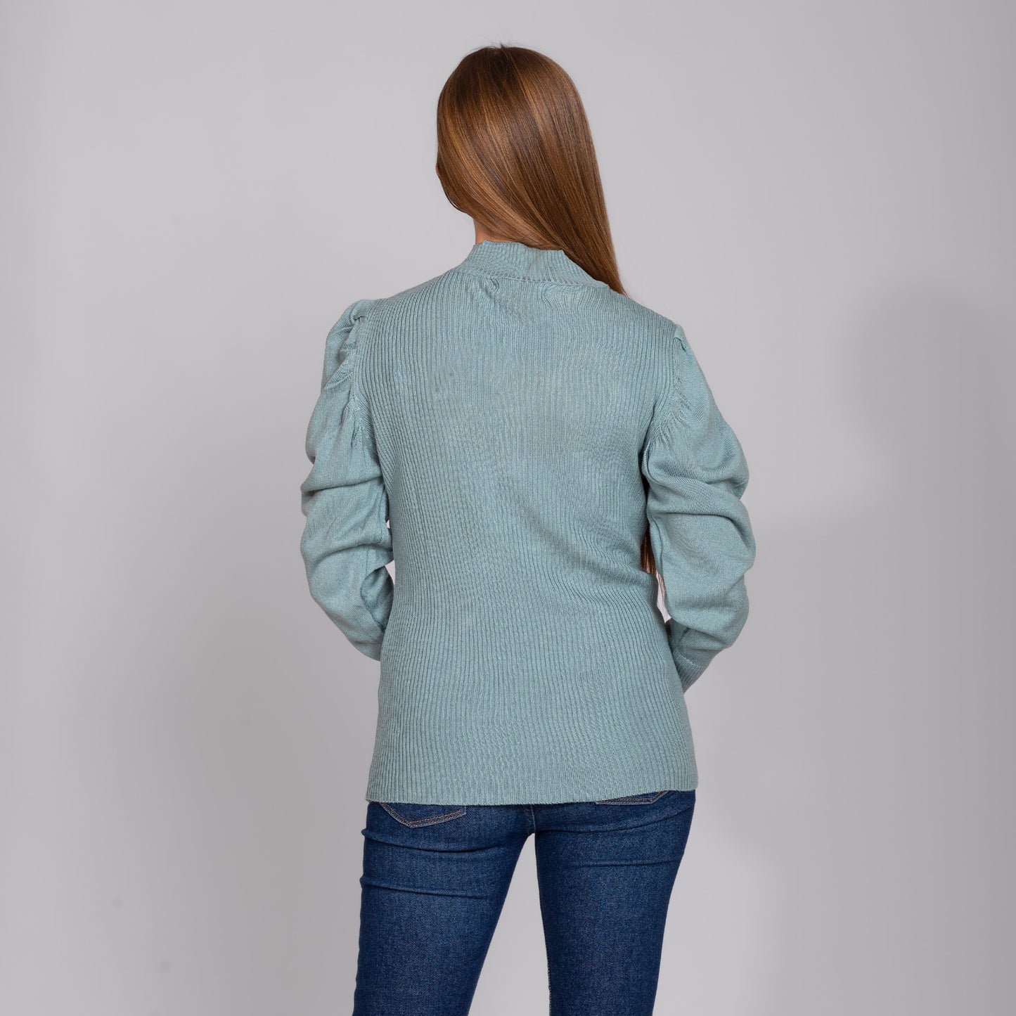 Mint Blue Knitted Ribbed Pullover With Puff Sleeves