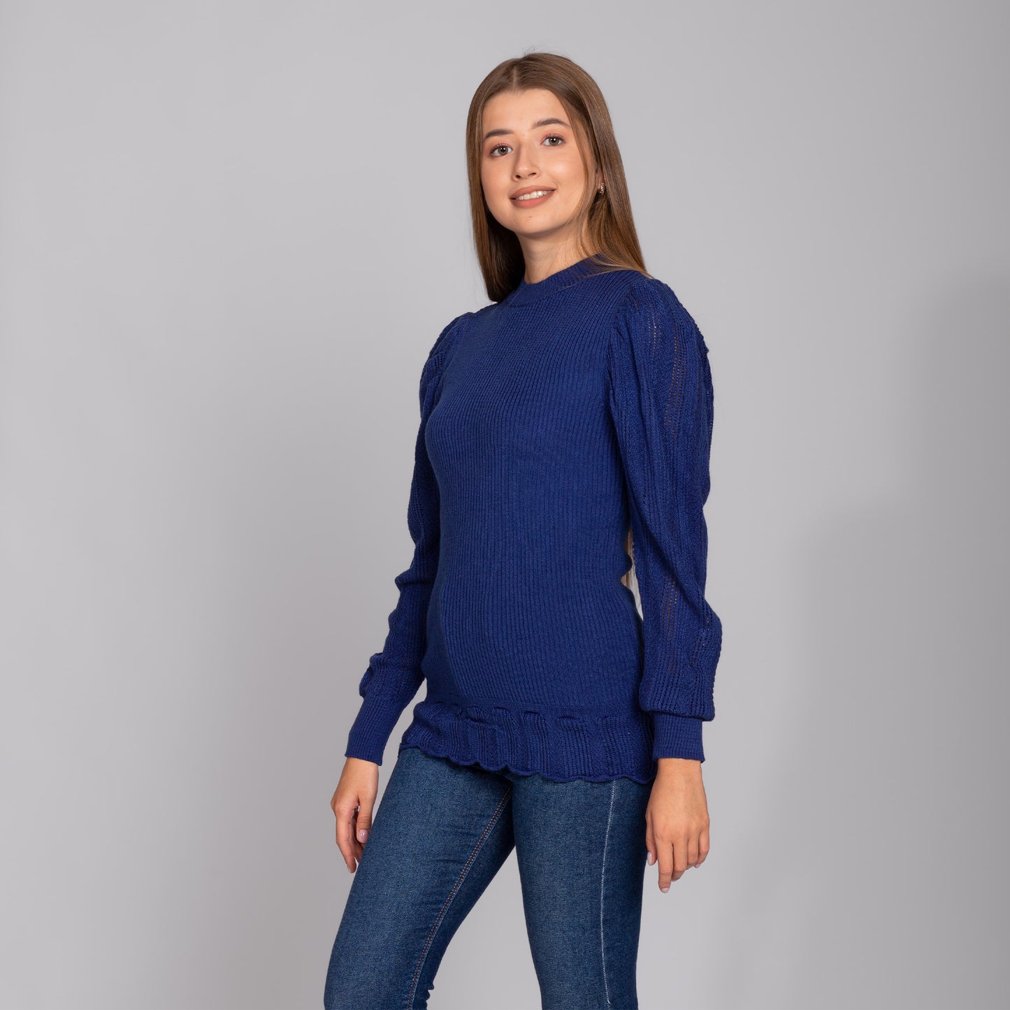 Navy Puff Sleeves Knitted Pullover