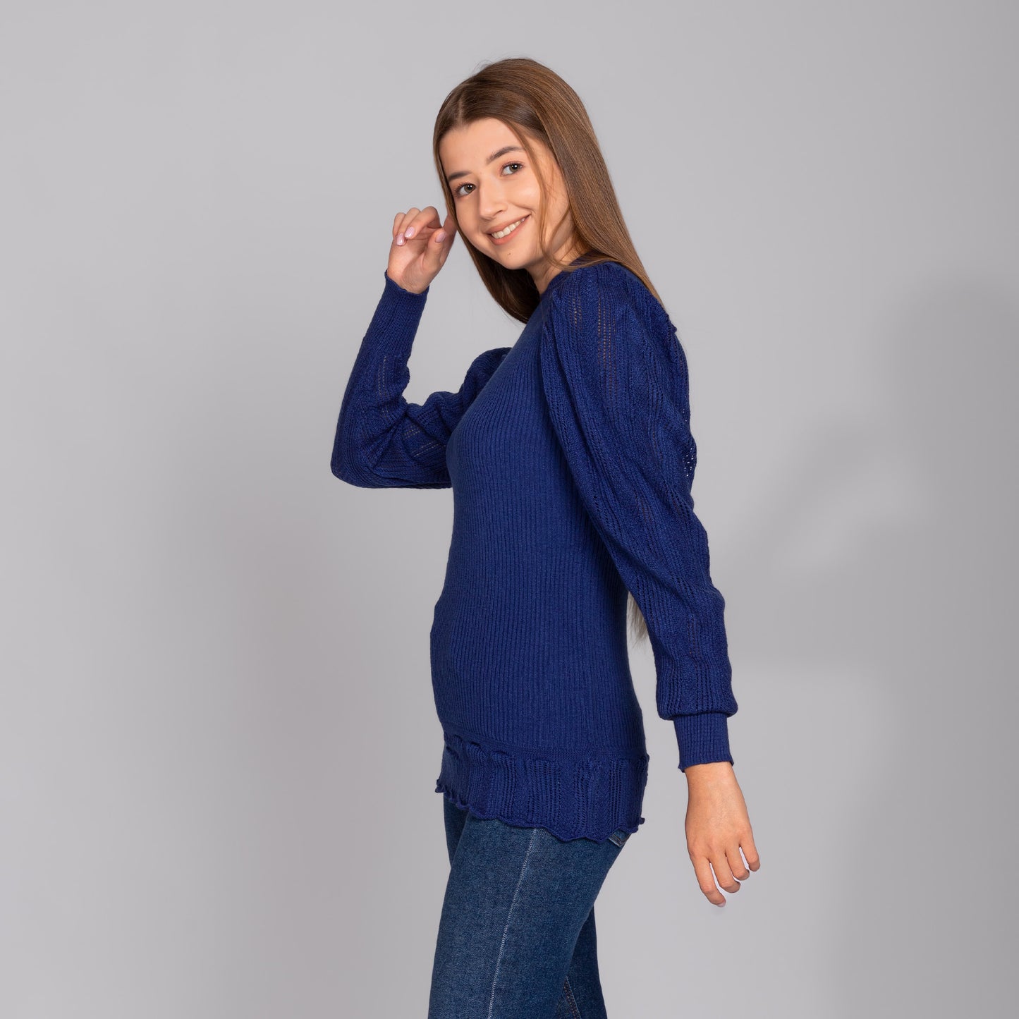 Navy Puff Sleeves Knitted Pullover