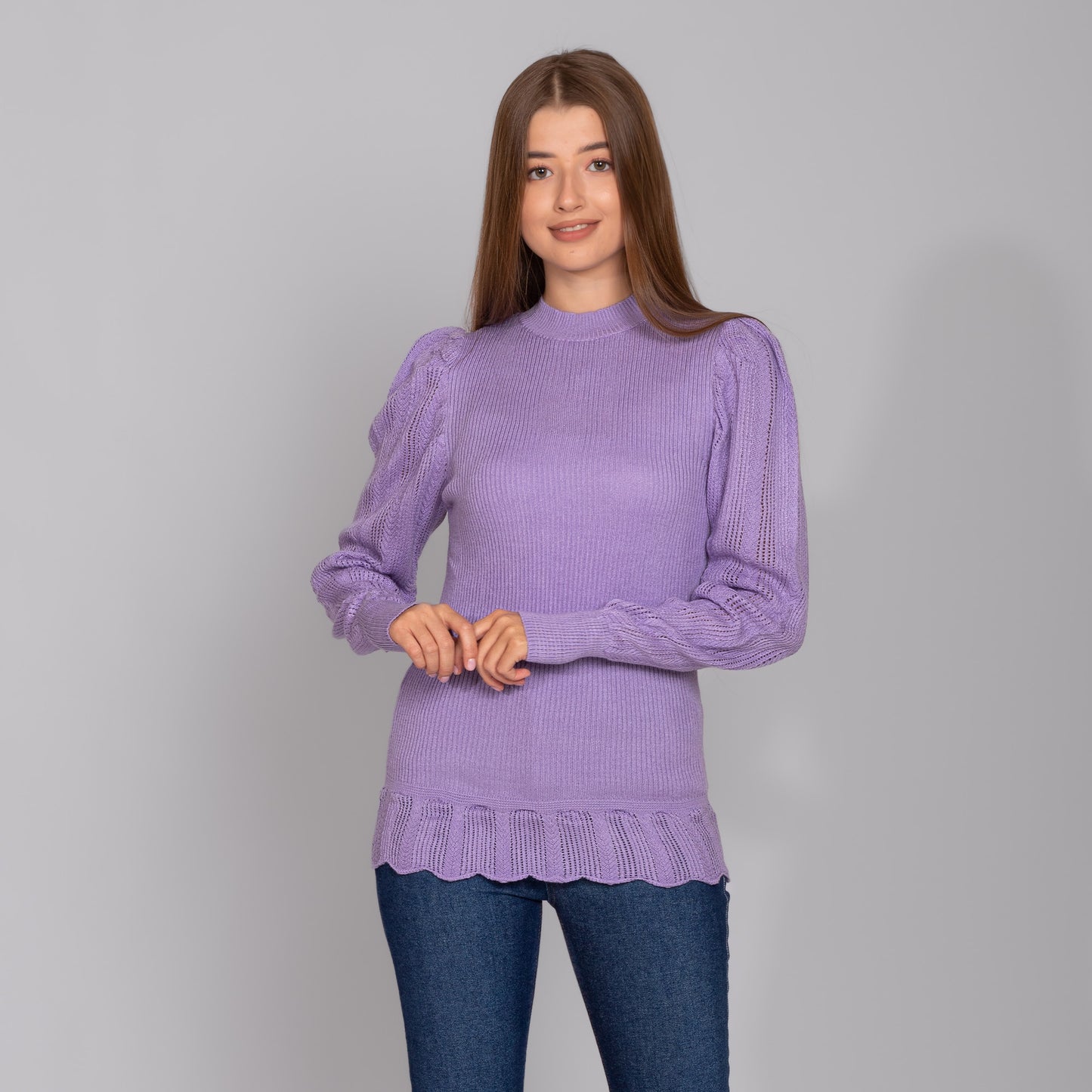 Light Purple Puff Sleeves Knitted Pullover