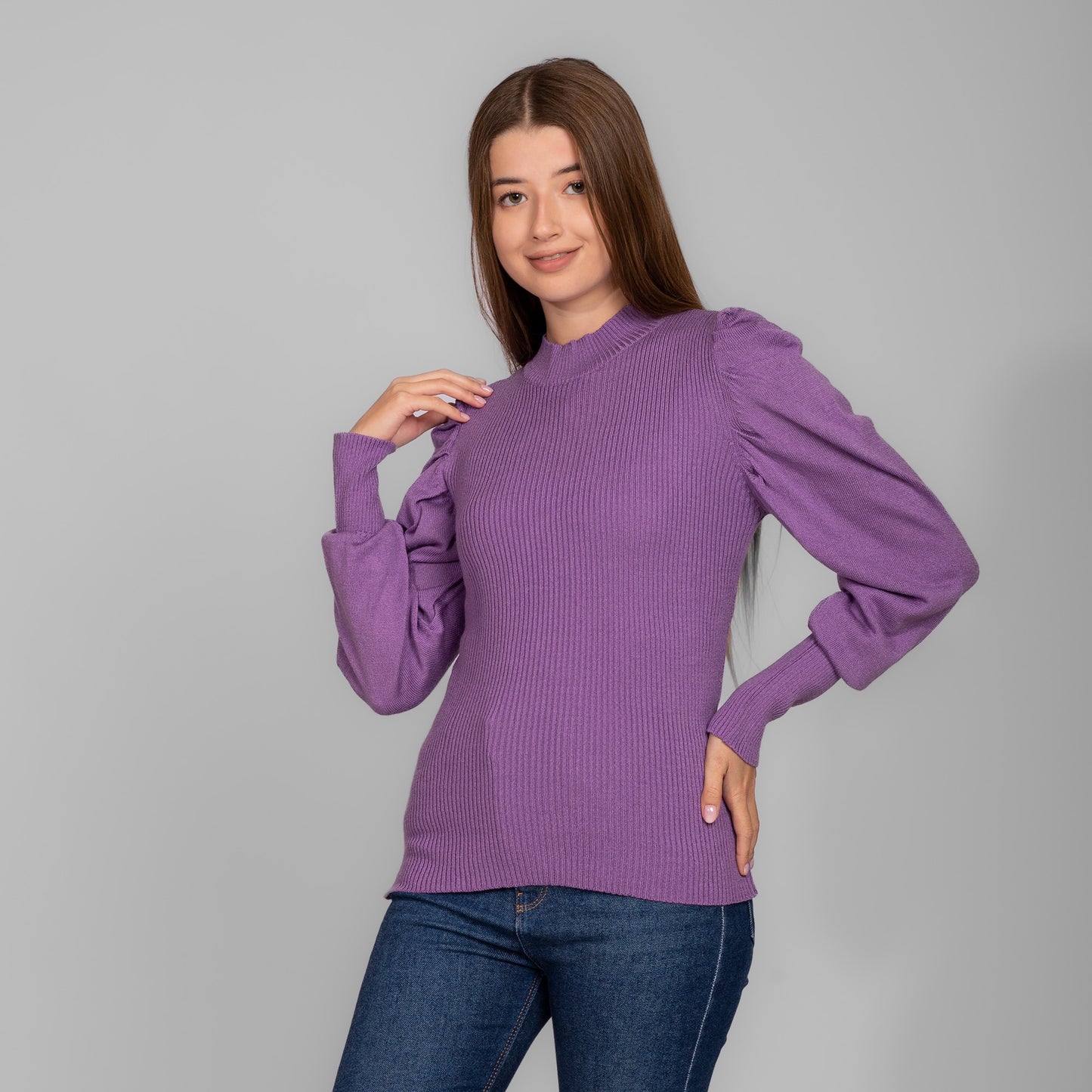 Purple Knitted Ribbed Pullover With Puff Sleeves