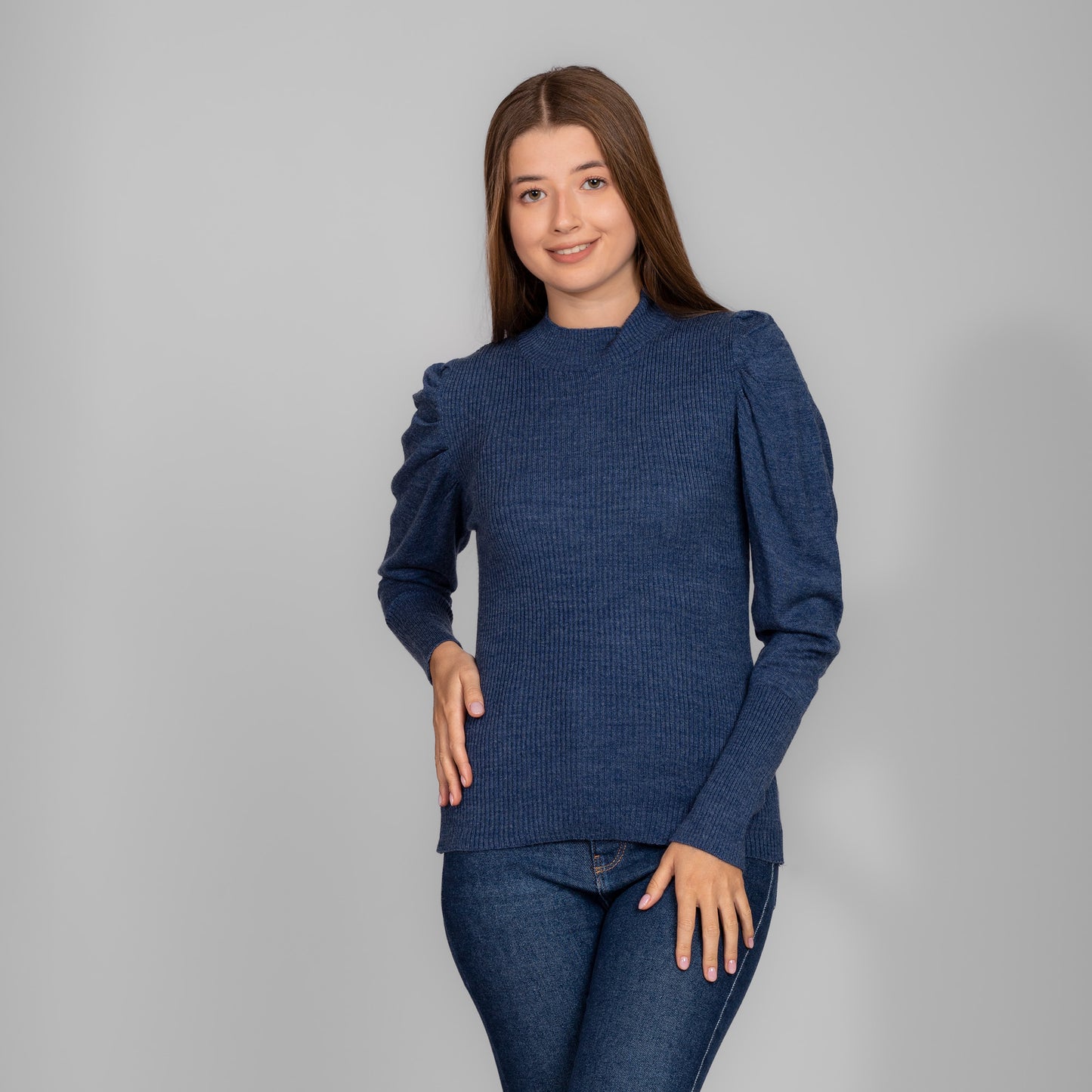 Navy Knitted Ribbed Pullover With Puff Sleeves