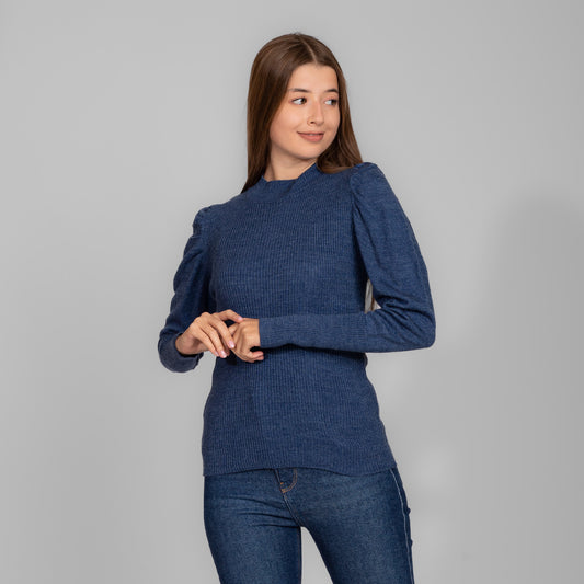 Navy Knitted Ribbed Pullover With Puff Sleeves