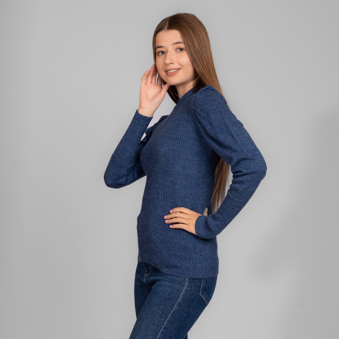 Navy Knitted Ribbed Pullover With Puff Sleeves