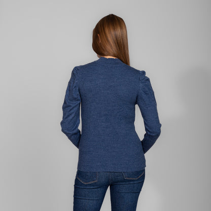 بلوفر محبوك مضلع باللون الأزرق البحري بأكمام منفوخة