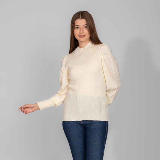 Beige Knitted Ribbed Pullover With Puff Sleeves