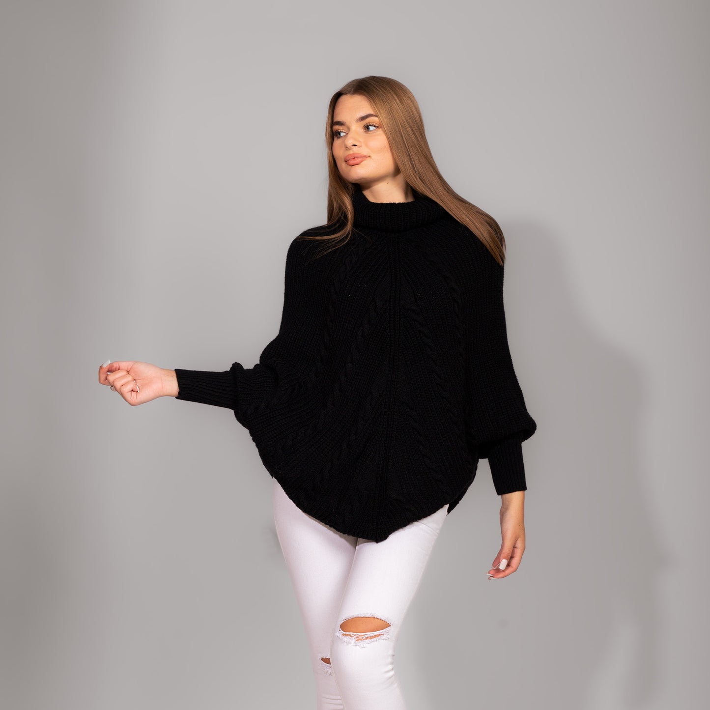 Black Turtle Neck Wool Poncho