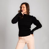 Black Knitted Ribbed Pullover With Puff Sleeves