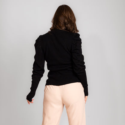 بلوفر أسود محبوك ومضلع بأكمام منفوخة