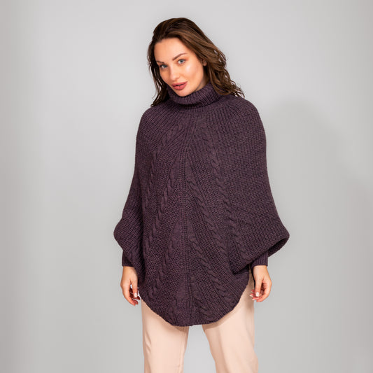 Dark Purple Turtle Neck Wool Poncho