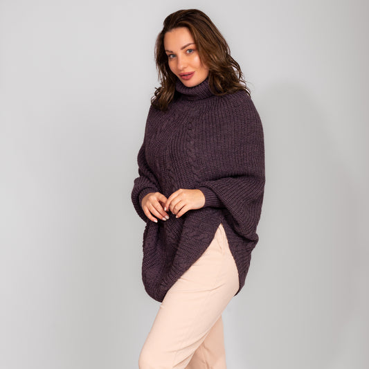 Dark Purple Turtle Neck Wool Poncho