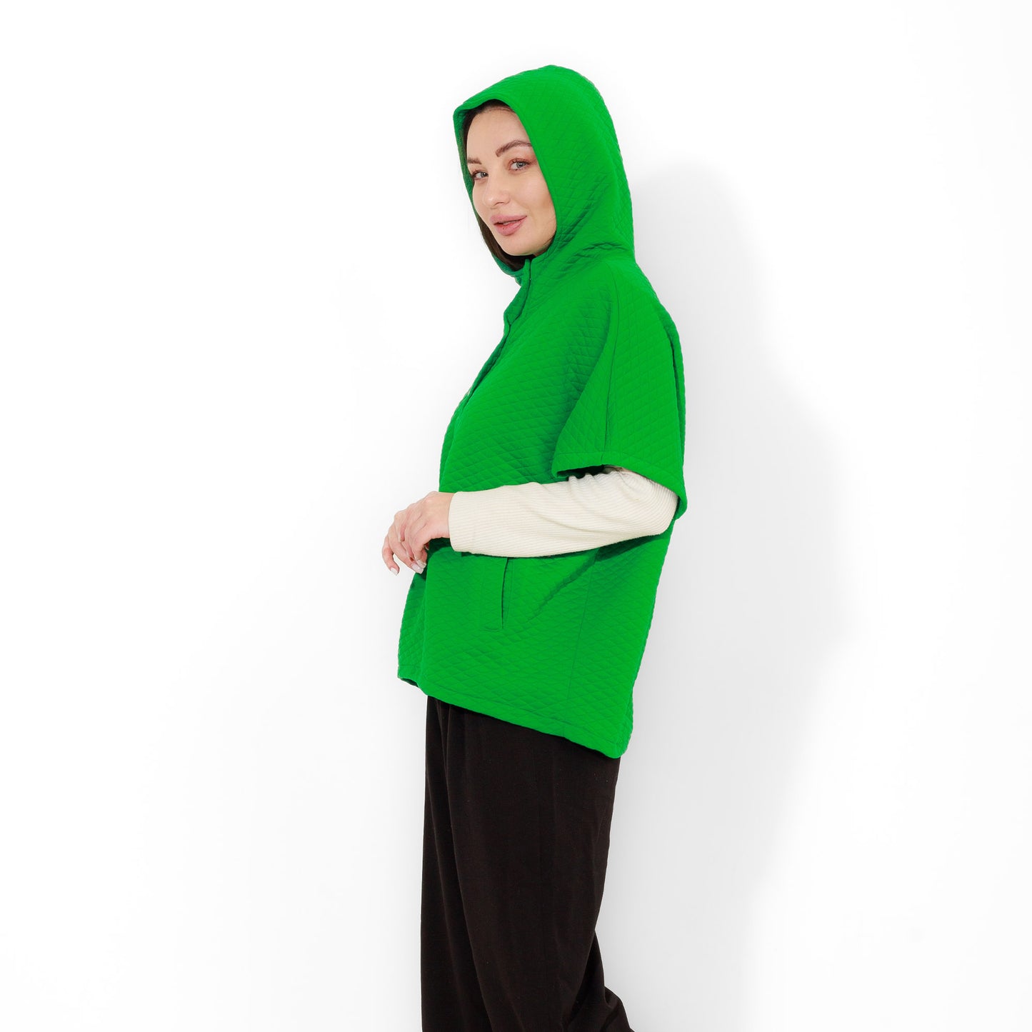 Green Capitone Hooded Poncho