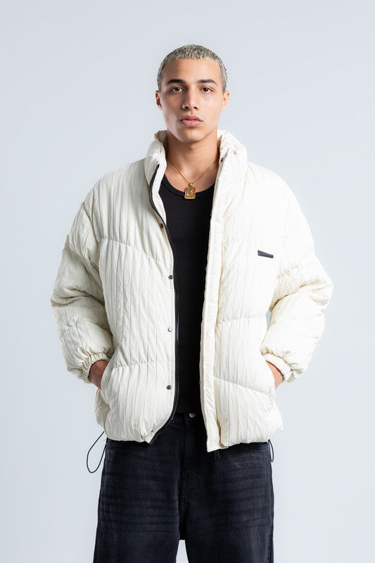 Light Beige High Neck Ribbed Puffer Jacket