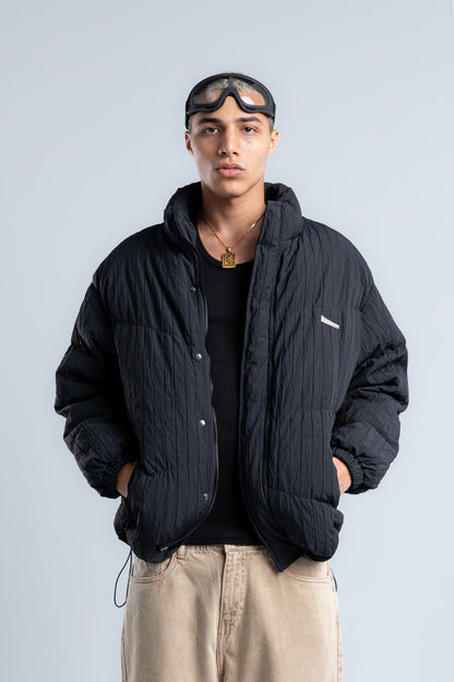 Black High Neck Ribbed Puffer Jacket