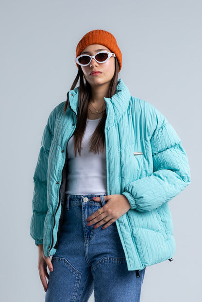 Sky Blue High Neck Ribbed Puffer Jacket