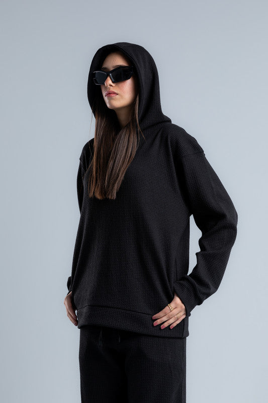 Black Textured Melton Plain Hoodie