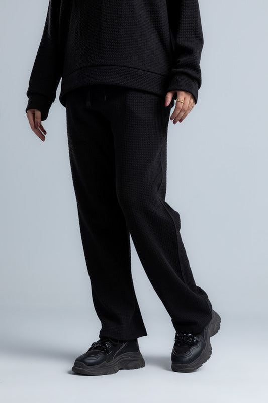 Black Textured Melton Sweatpants with Drawstring