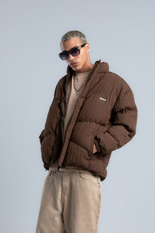 Brown High Neck Ribbed Puffer Jacket