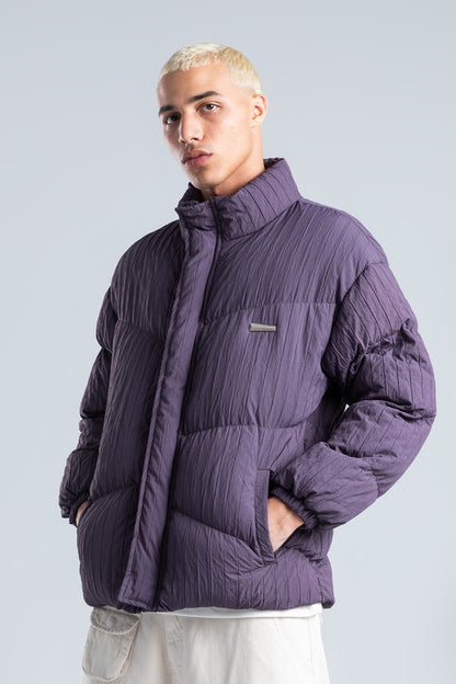 Dark Purple High Neck Ribbed Puffer Jacket