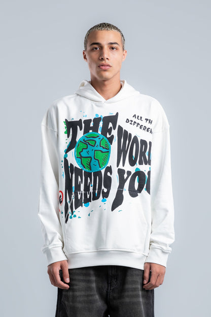 White Cotton Printed Hoodie