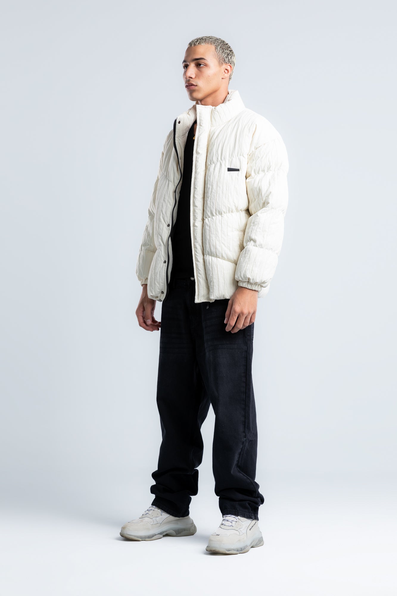 Light Beige High Neck Ribbed Puffer Jacket