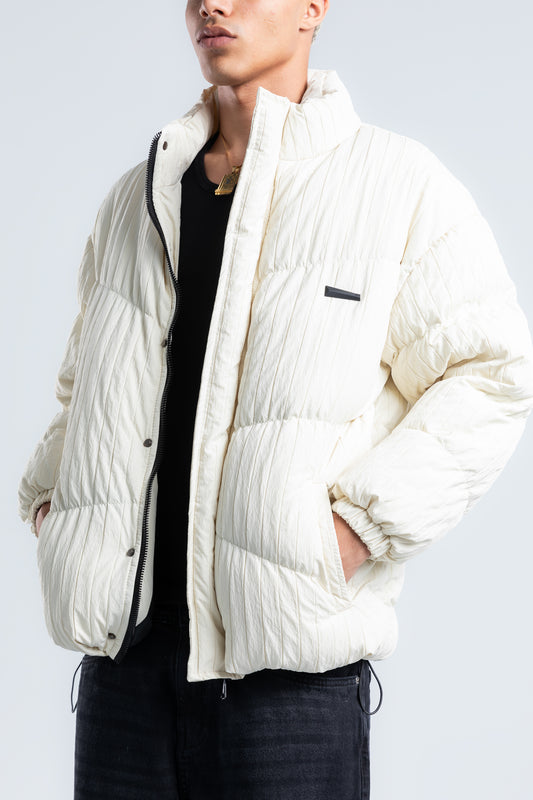 Light Beige High Neck Ribbed Puffer Jacket