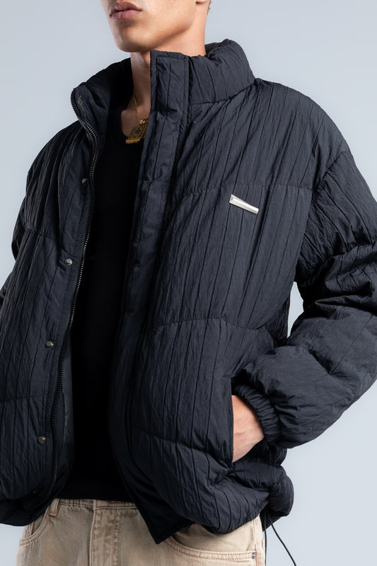 Black High Neck Ribbed Puffer Jacket