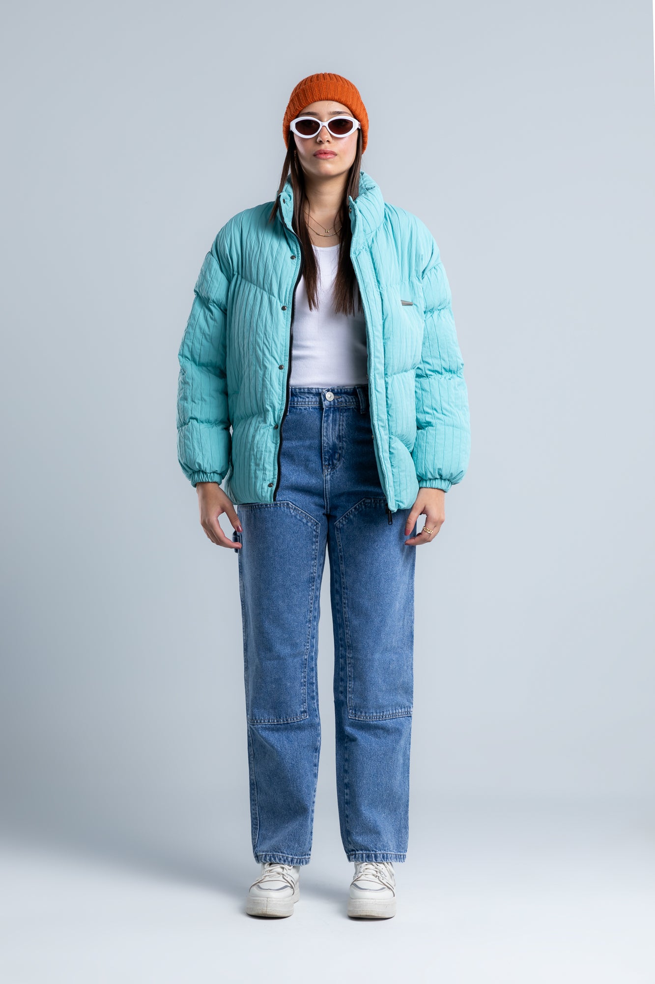 Sky Blue High Neck Ribbed Puffer Jacket