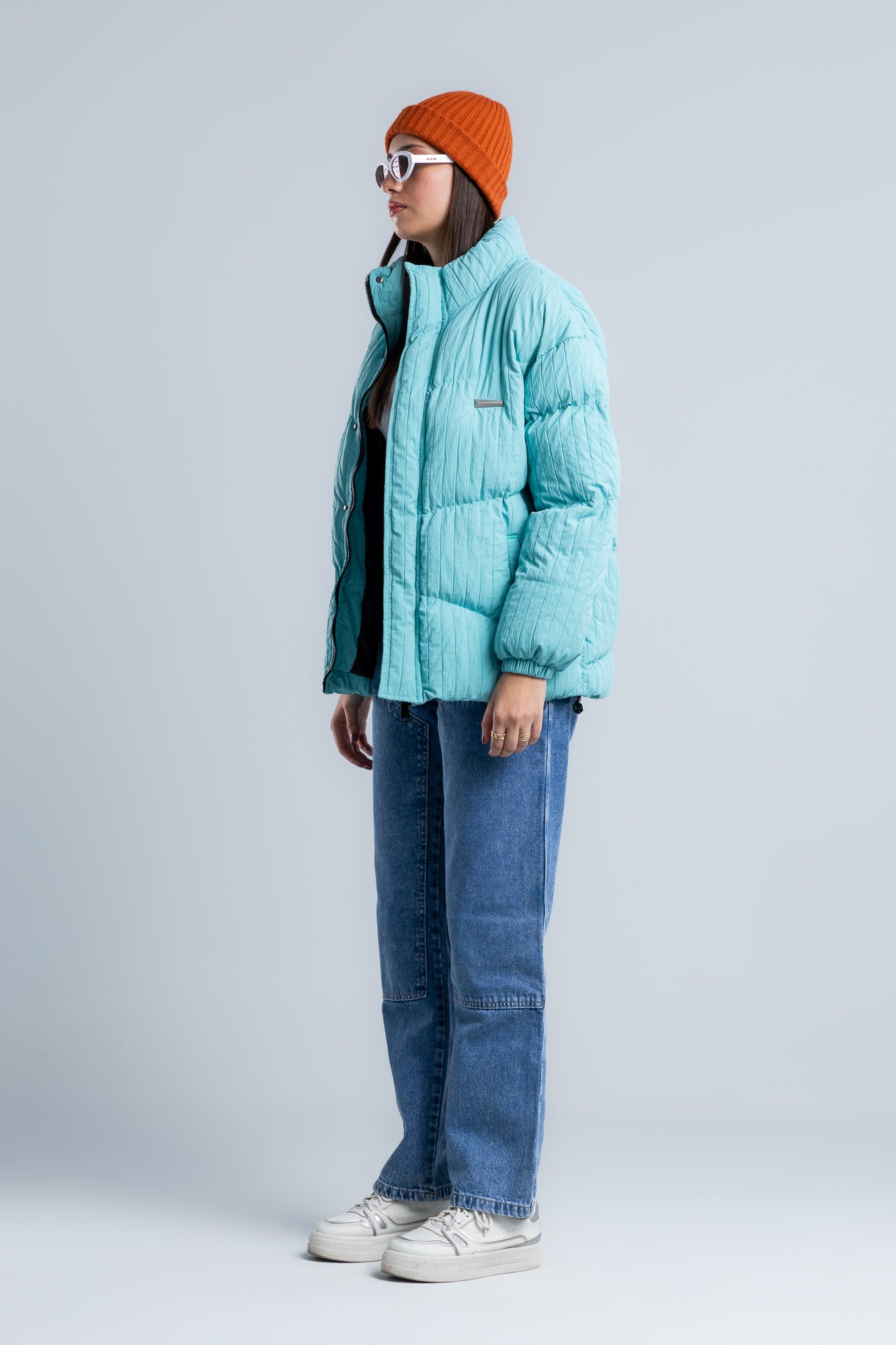 Sky Blue High Neck Ribbed Puffer Jacket