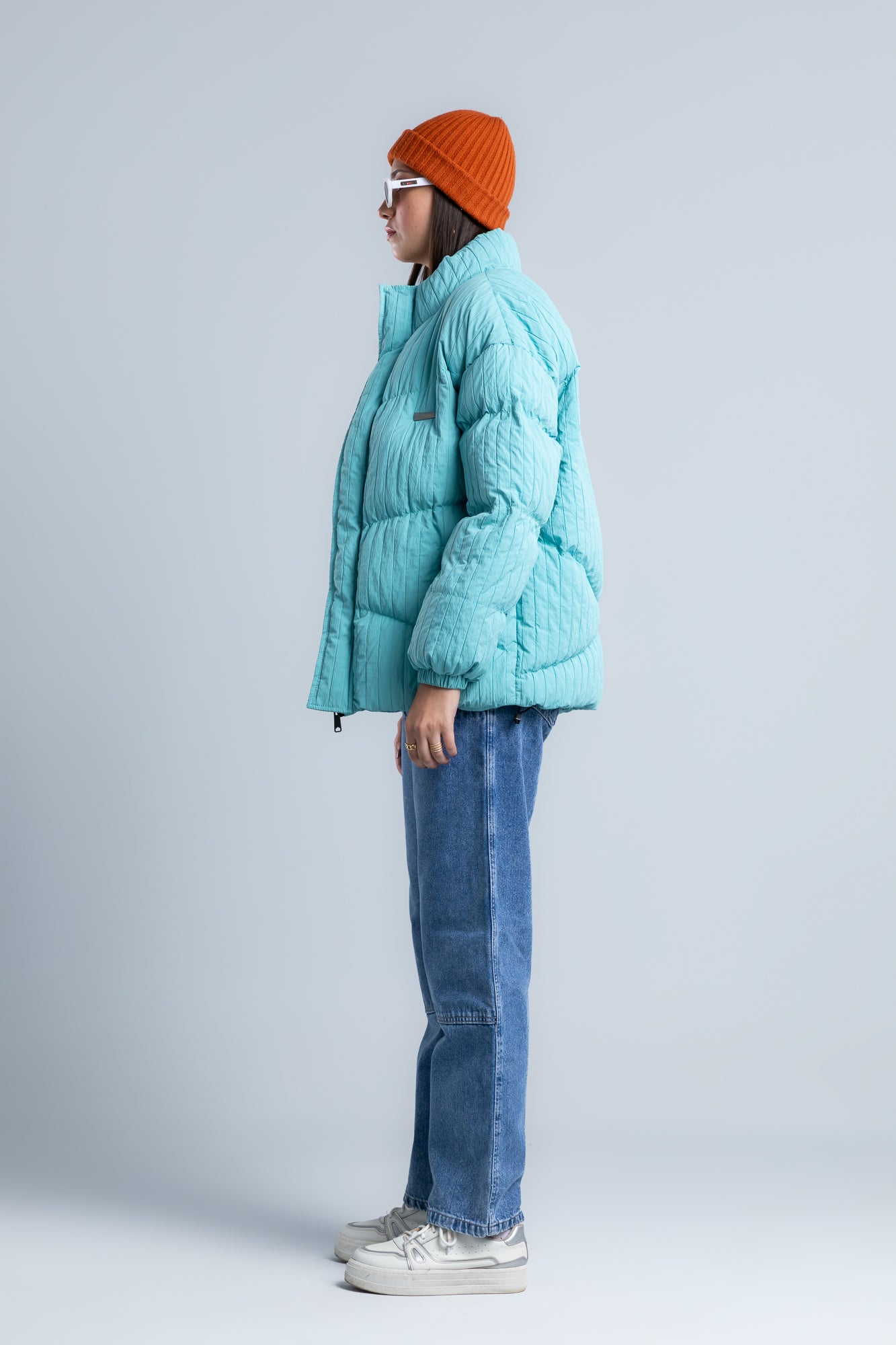 Sky Blue High Neck Ribbed Puffer Jacket