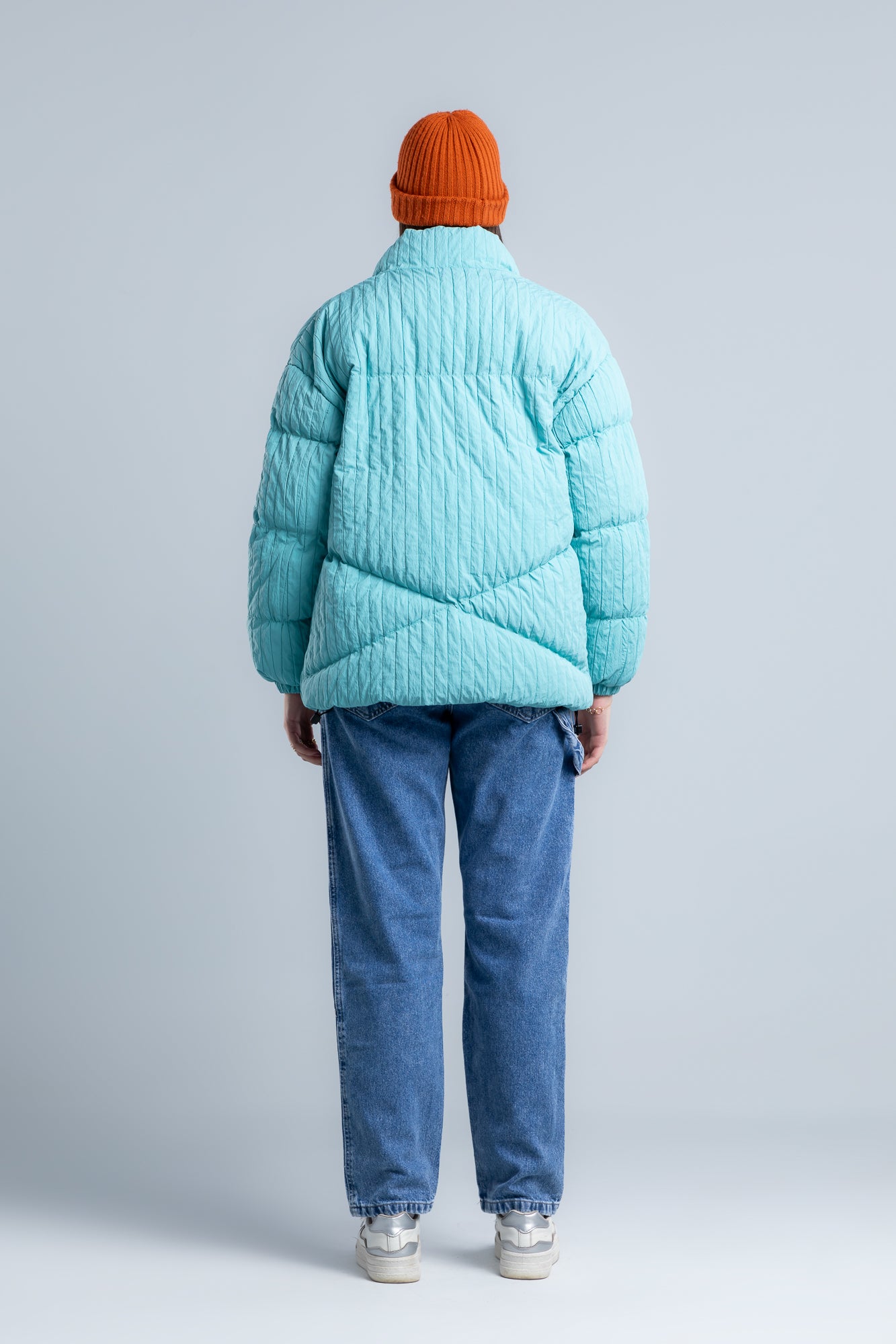 Sky Blue High Neck Ribbed Puffer Jacket