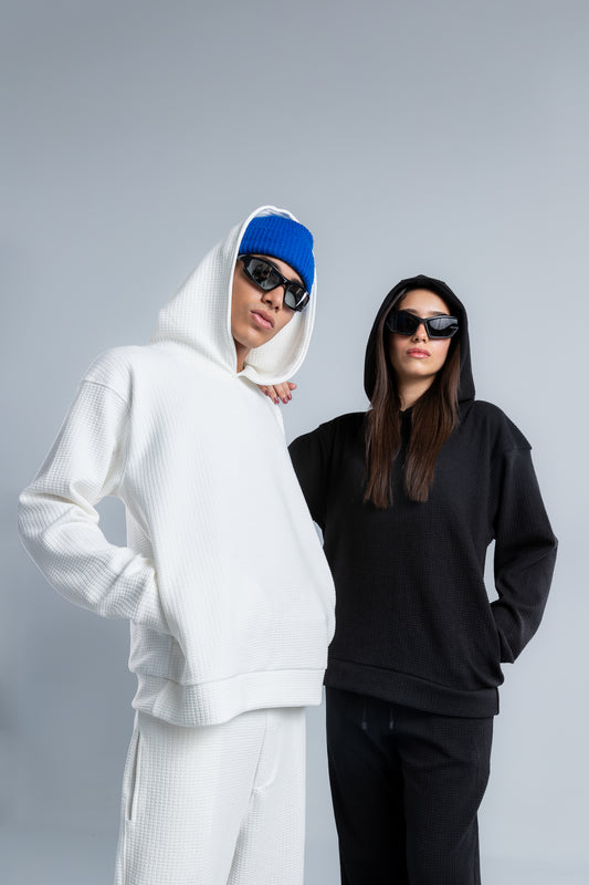 White Textured Melton Plain Hoodie