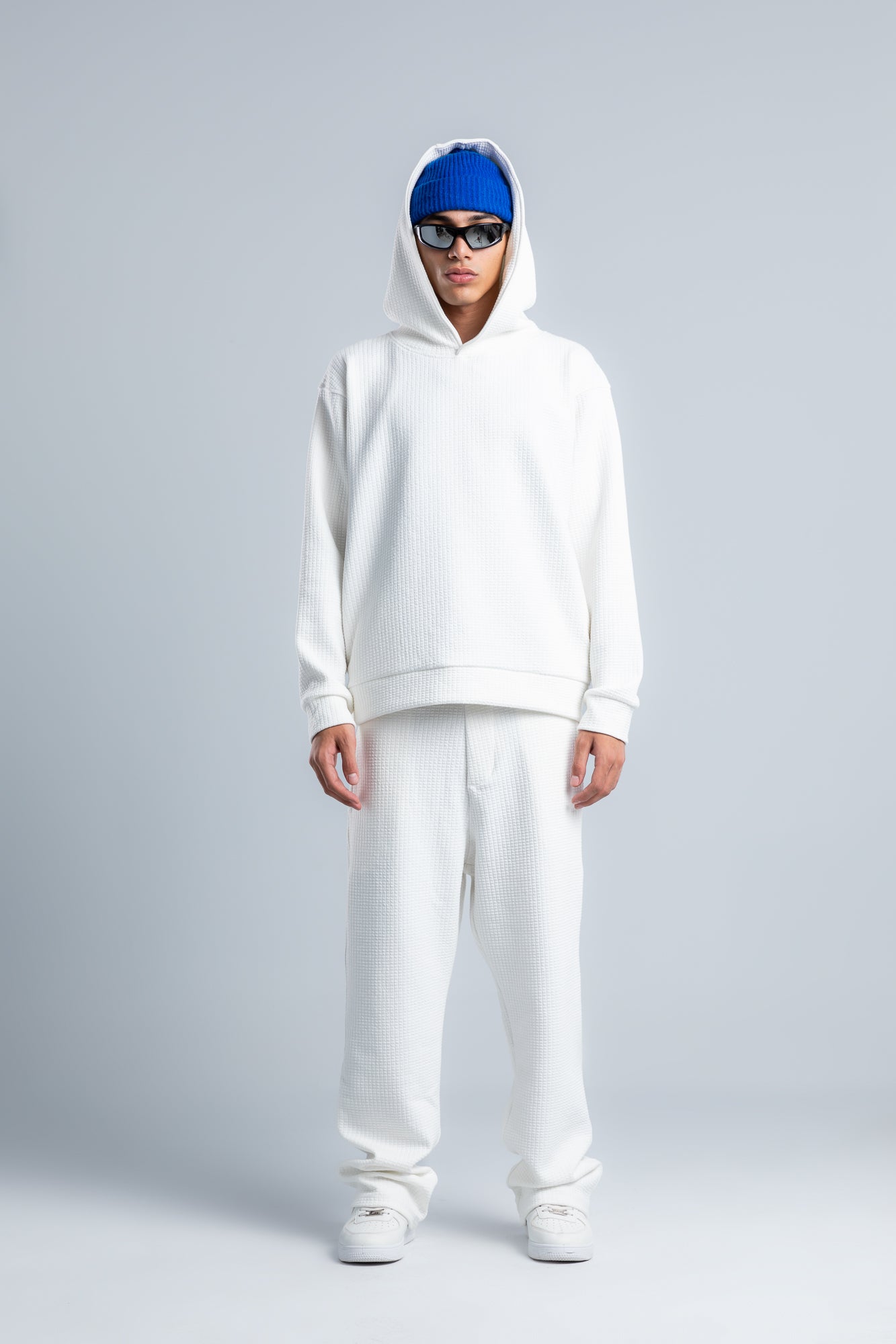 White Textured Melton Sweatpants with Drawstring