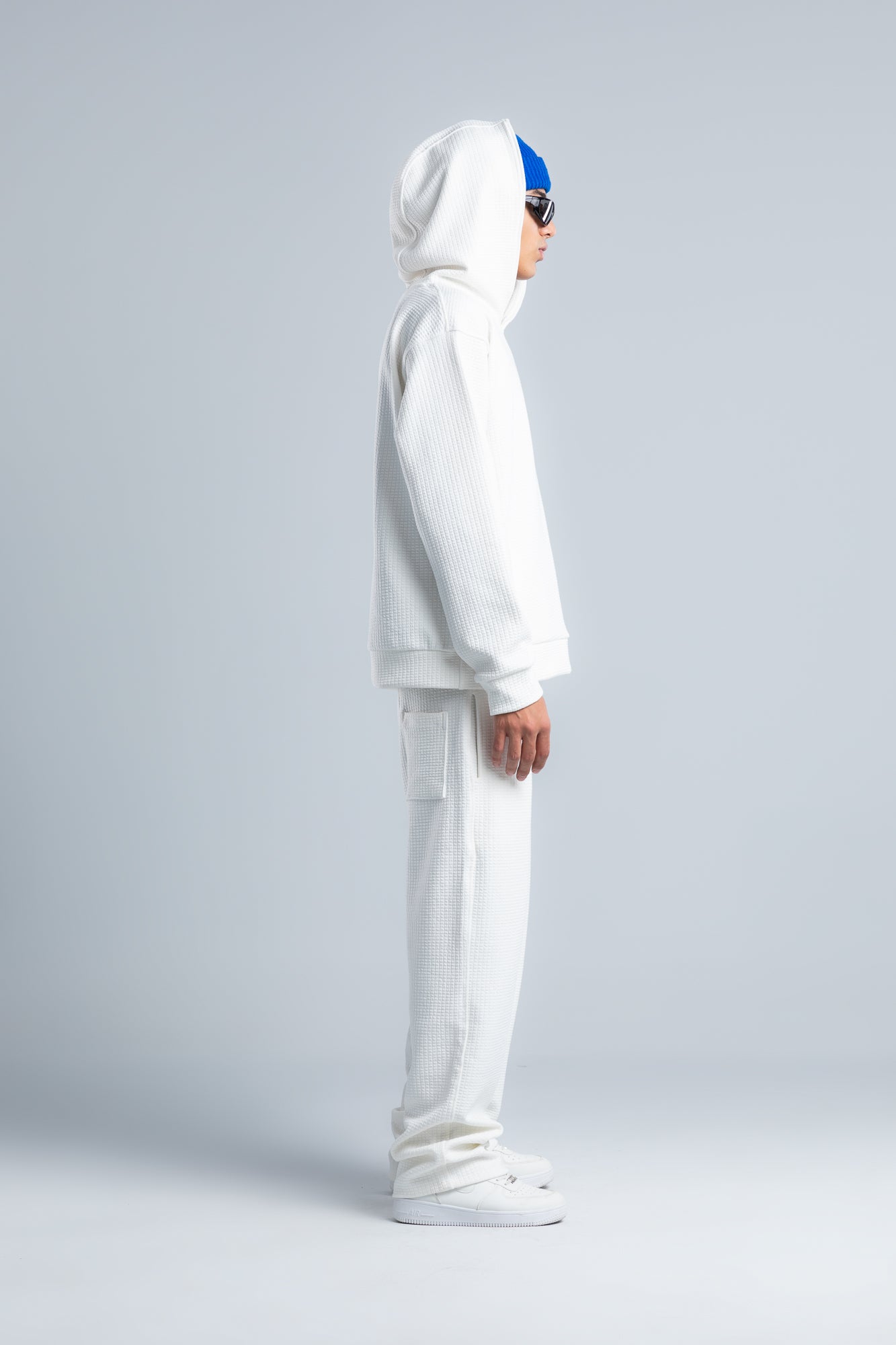 White Textured Melton Sweatpants with Drawstring