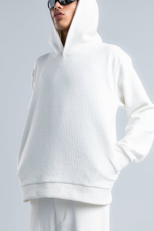 White Textured Melton Plain Hoodie